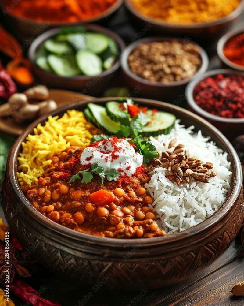 Vibrant lunch plate with vegetarian lentil curry, jasmine rice, and fresh cucumber raita, served in a deep ceramic dish with colorful spices in the background, Vibrant lunch plate with vegetarian lentil curry, jasmine rice, and fresh cucumber raita, served in a deep ceramic dish with colorful spices in the background,