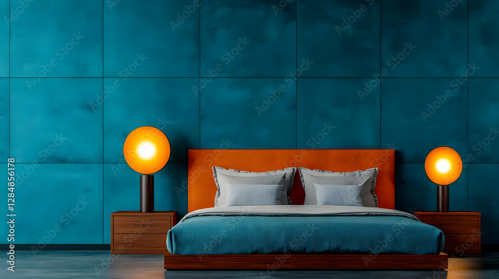 custom made wallpaper toronto digitalTeal wall bedroom, orange headboard, modern lamps. Interior design inspiration