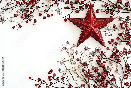 Holiday decorations featuring a red star ornament and festive embellishments on a white background