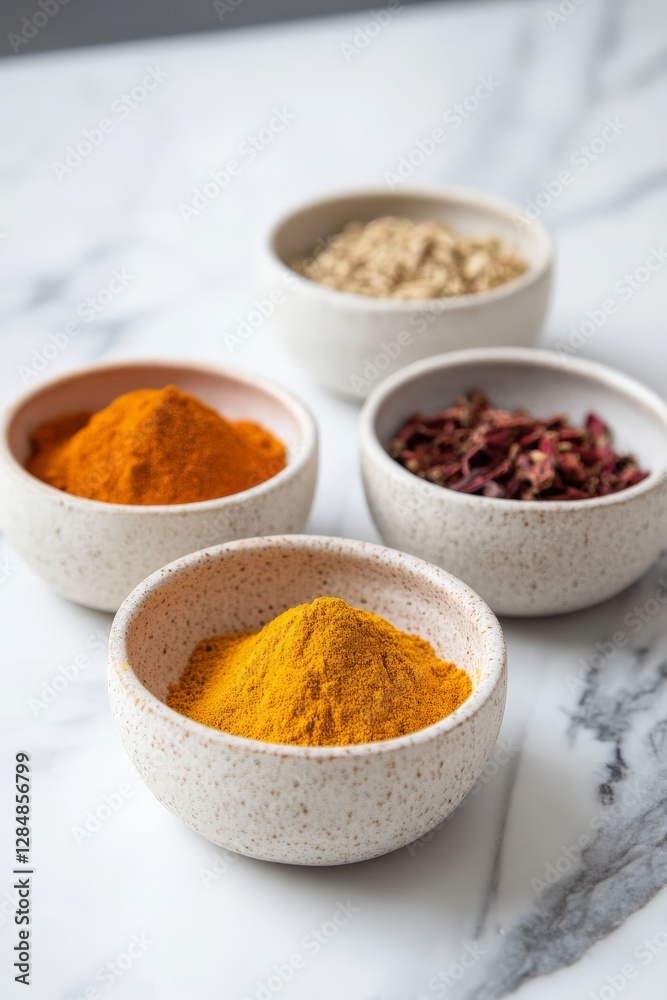 Spice collection in small bowls, showcasing vibrant colors of turmeric, paprika, cumin, and saffron, Spice collection in small bowls, showcasing vibrant colors of turmeric, paprika, cumin, and saffron,