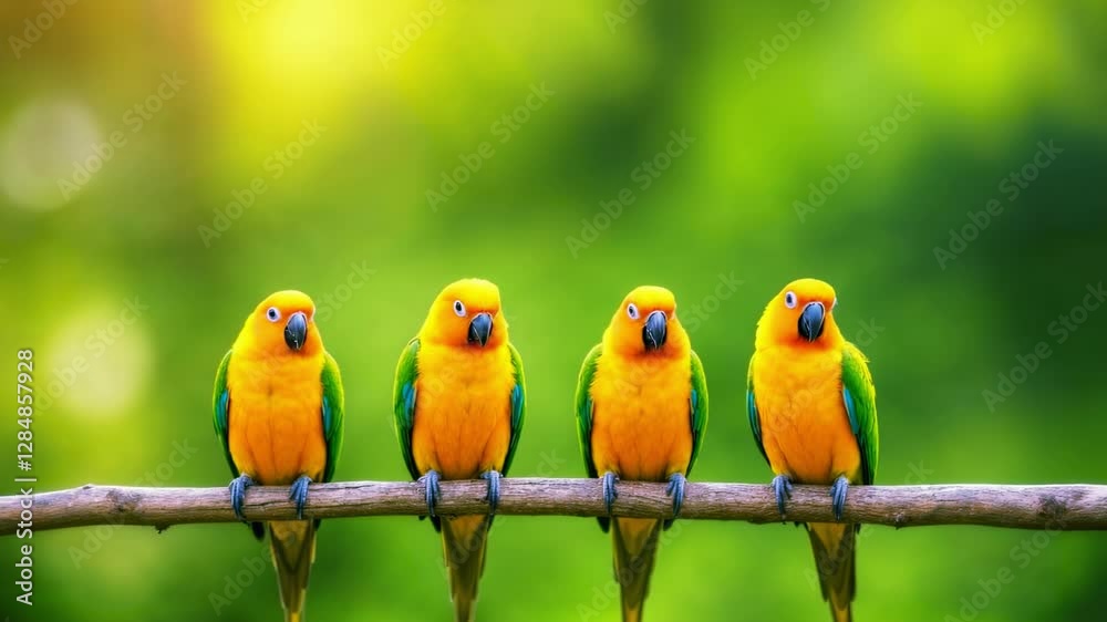 Vivid Multicolored Parrots Perched on Branch in Green Forest Setting Vivid Multicolored Parrots Perched on Branch in Green Forest Setting
