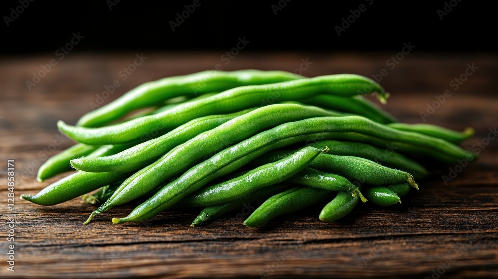Fresh green beans pile on rustic wooden table Fresh green beans pile on rustic wooden table