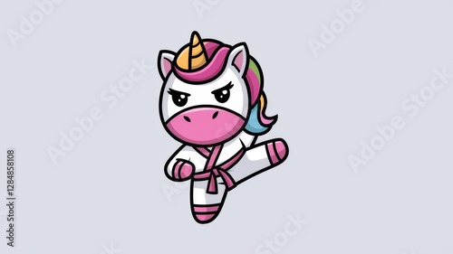 Cartoon Unicorn Ninja Karate Kick on White Background Generative aI