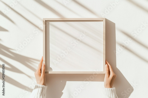 Empty frame held in hands against white wall with shadows. Woman holding blank picture frame for photo display against white wall