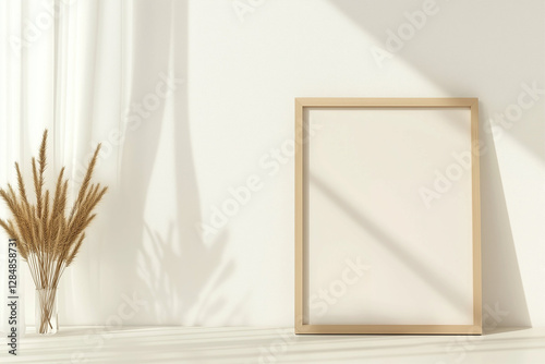 Frame Mockup with Minimalist Home Decor and Sunlight. Empty frame leaning against a white wall with sunlight and a vase of dried flowers creates a bright minimalist design