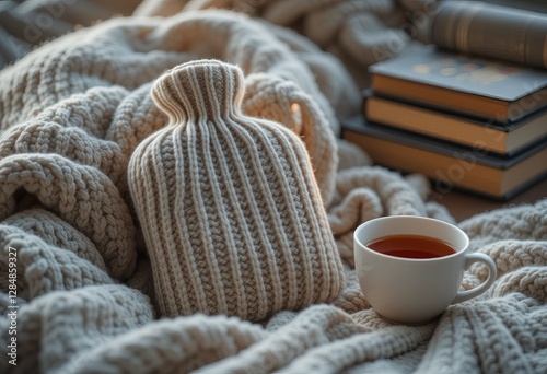 Hot water bottle wrapped in a soft knitted cover, placed on a cozy blanket with tea and books, creating a soothing and comforting atmosphere