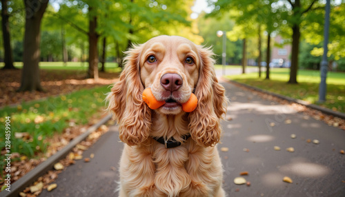 Dog holding ball in mouth on pathway in park

