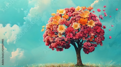 Human brain depicted as a tree, with blooming flowers representing self-care, mental health, and creativity.