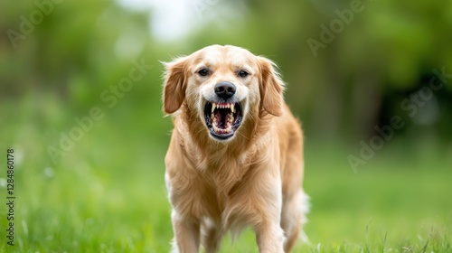 Angry golden retriever bares its teeth, in a grassy field, looking menacingly at camera.