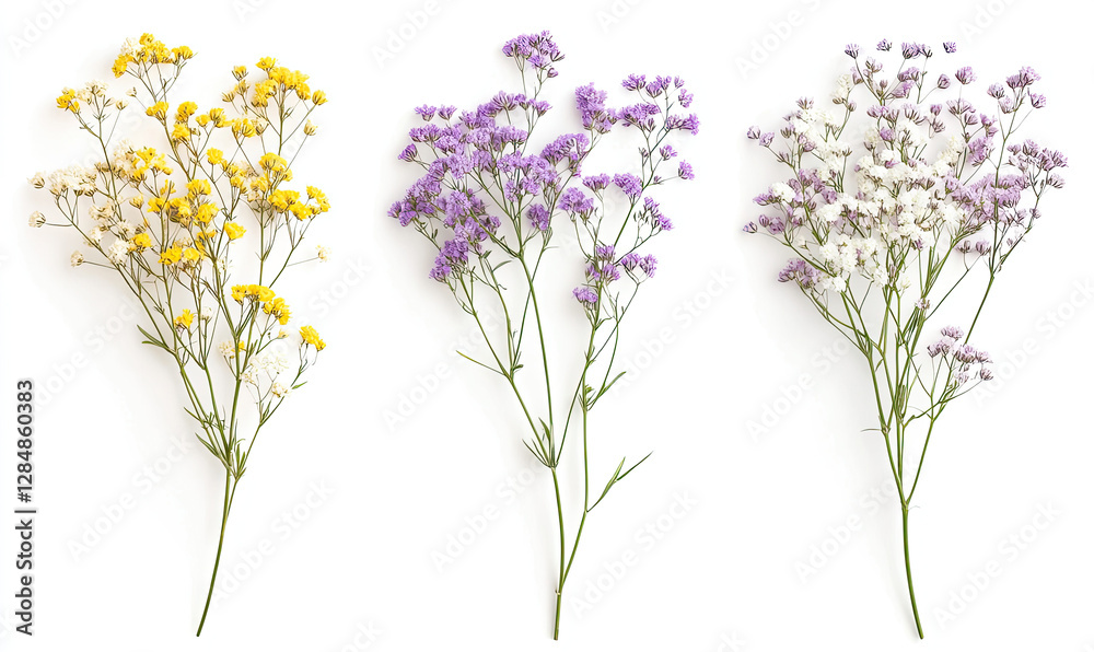 Obraz premium Three sprigs of colorful flowers in yellow, purple, and white, arranged for aesthetic appeal.