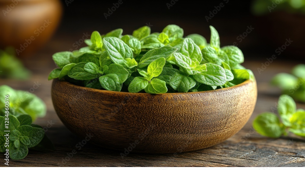 Fresh oregano in wooden bowl on rustic table, culinary herb Fresh oregano in wooden bowl on rustic table, culinary herb