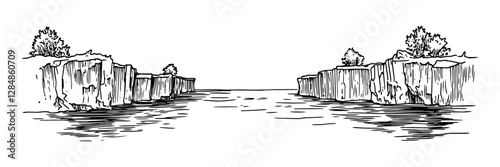 coastal cliffs with sea passage vintage engraving style doodle sketch vector