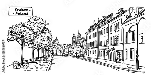 Krakow Poland historic street view vintage engraving style doodle sketch vector