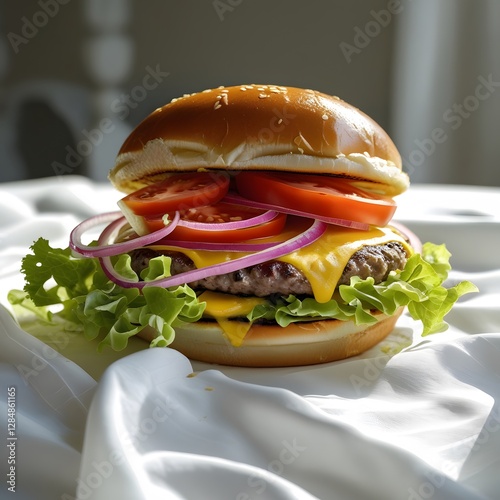 a juicy hamburger, ripe with vibrant red tomatoes, crunchy lettuce, melted golden yellow cheese, and thinly sliced onions, placed on a crisp white tablecloth, lit with soft, natural light, and devoid 