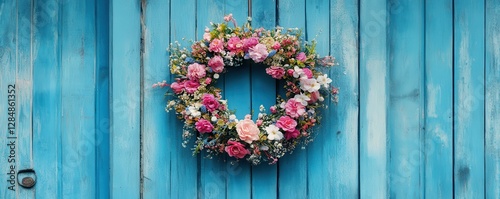 Colorful floral wreath on rustic blue wooden door background photo