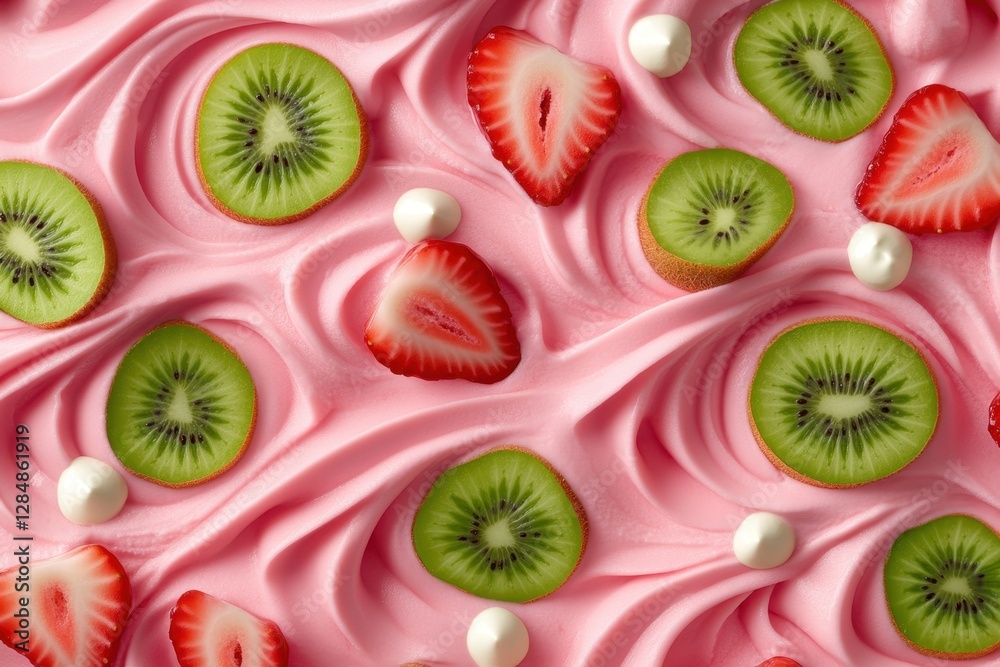 Pink swirls of creamy dessert topped with kiwi and strawberry slices, creating a vibrant and appetizing pattern. Pink swirls of creamy dessert topped with kiwi and strawberry slices, creating a vibrant and appetizing pattern.