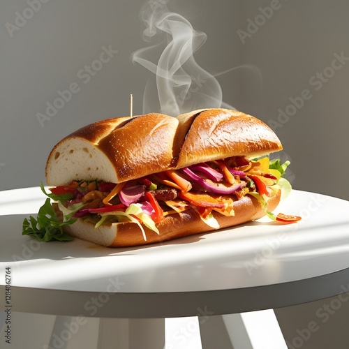 A large, hot sandwich situated atop a crisp, white table, with no background or distractions to draw attention away from the savory delight, the warm, golden-brown bread glistening with subtle sheen, 
