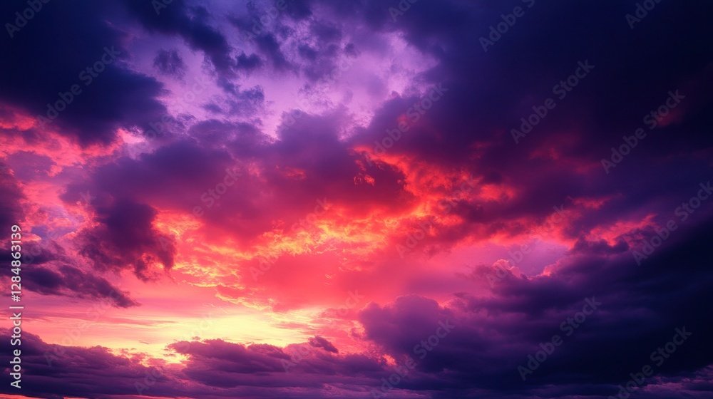 Fototapeta premium Dark red and purple sunset clouds glowing in the twilight sky, transitioning into night