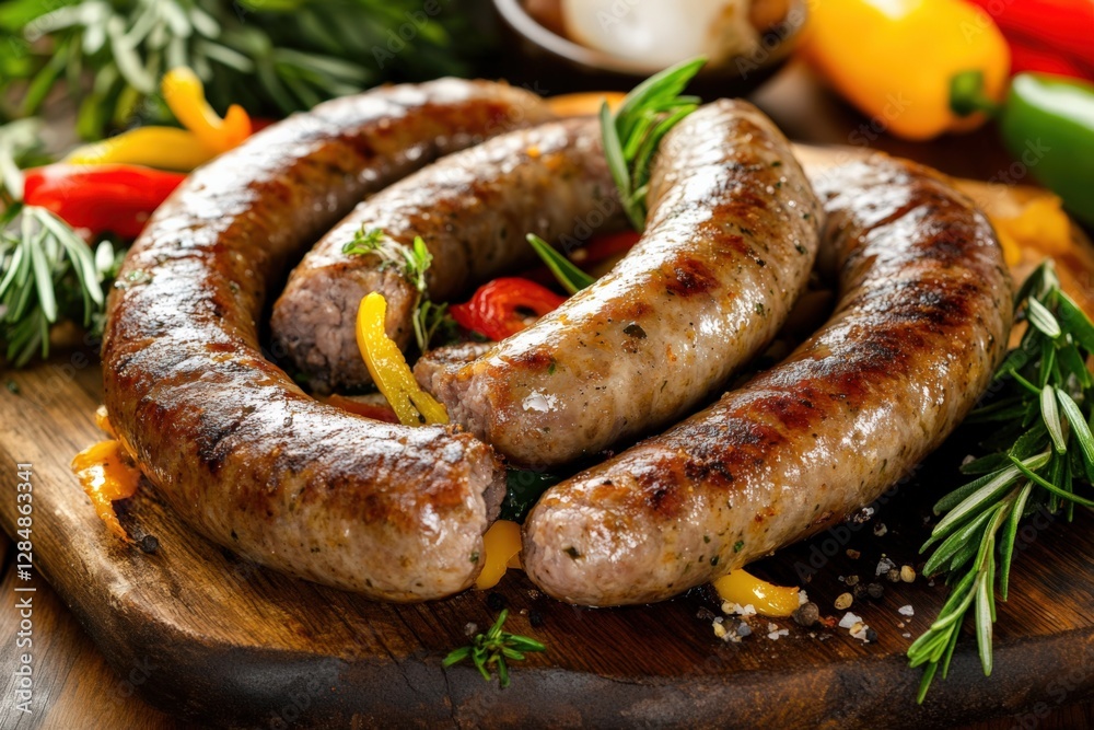 Deliciously Grilled Sausages Displayed on a Rustic Wooden Cutting Board Surrounded by Colorful Peppers and Fresh Herbs in a Culinary Setting Deliciously Grilled Sausages Displayed on a Rustic Wooden Cutting Board Surrounded by Colorful Peppers and Fresh Herbs in a Culinary Setting