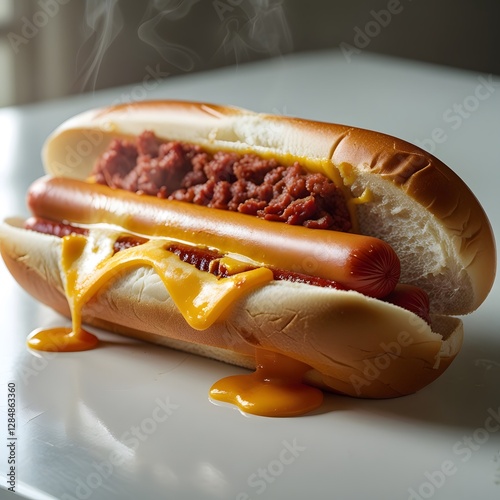 A close-up shot of a gigantic hot dog sandwich, overflowing with melted cheese and savory meat, placed on a pristine white table, isolated from any background, with the table's surface reflecting a hi
