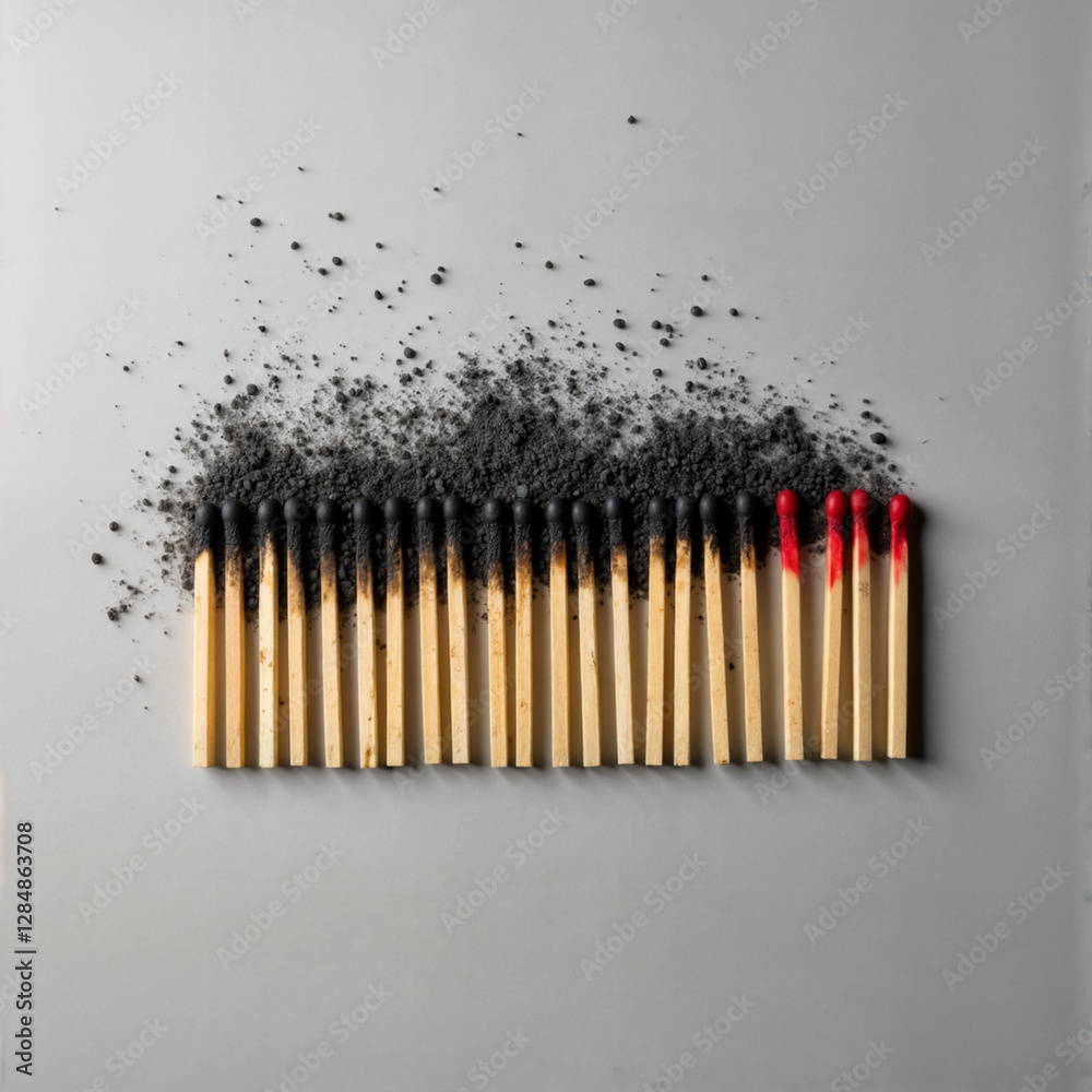 a line of matches with the majority of them burnt and blackened at the tips, while a few on the right end remain unburnt and red. Grey ash is scattered around the burnt matches, creati a line of matches with the majority of them burnt and blackened at the tips, while a few on the right end remain unburnt and red. Grey ash is scattered around the burnt matches, creati