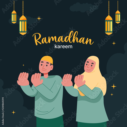 Vector of muslim spouse with prayer pose to celebrate ramadan kareem