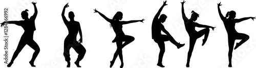 Collection silhouette of female dancer in action pose. Silhouette of slim women in dancing pose.

