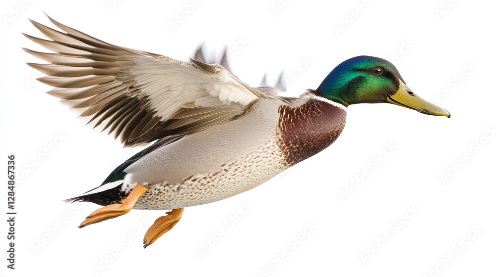 Obraz premium Male mallard bundle, portrait, standing and flying, isolated on a white background.
