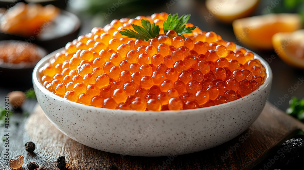 close up of red caviar in the white bowl on the table close up of red caviar in the white bowl on the table