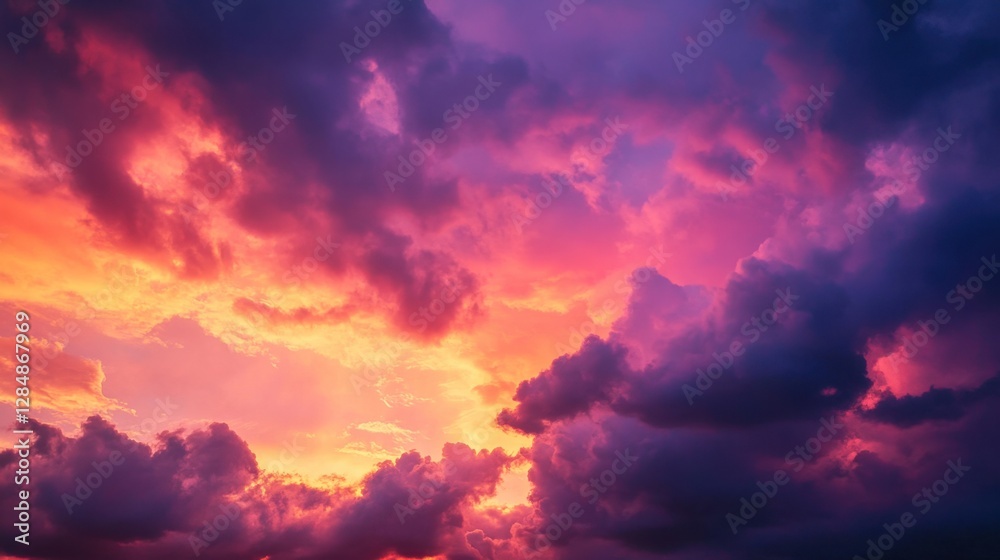 Fototapeta premium Dramatic sunset sky with deep red, purple, and orange hues merging over thick clouds