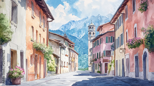Fototapeta Naklejka Na Ścianę i Meble -  Watercolour style painting of a street in an european alpine town.