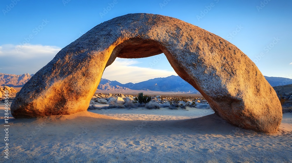 Natural desert rock arch formation with warm golden glow Natural desert rock arch formation with warm golden glow