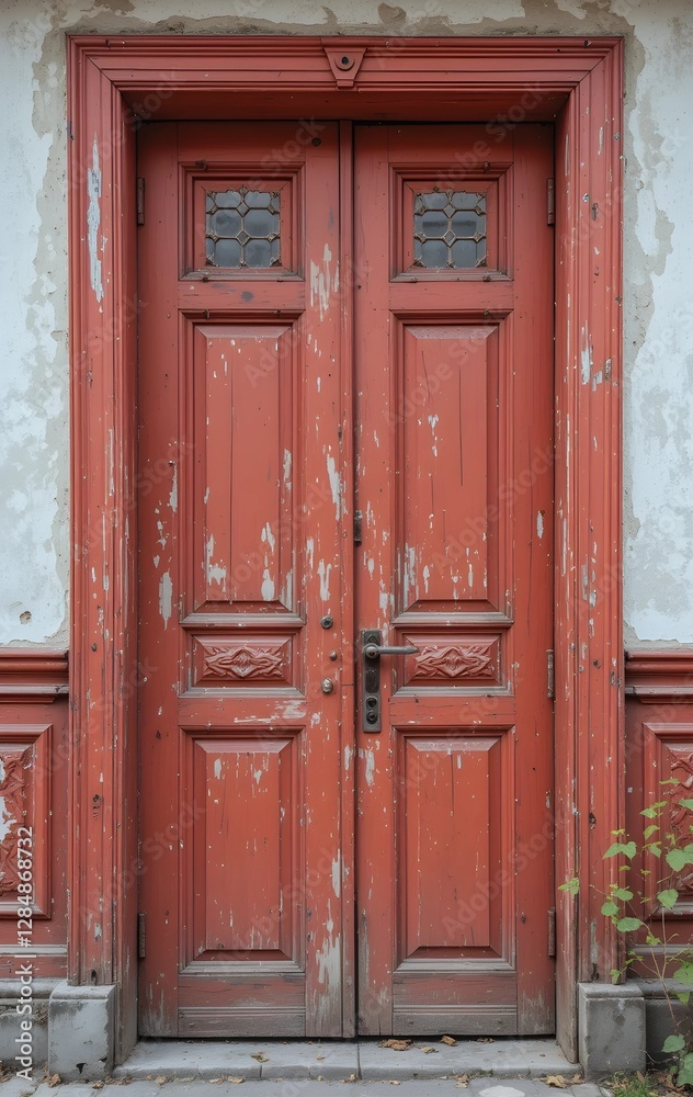 Orange old rustic door with peeling paint, old wooden door in red color Orange old rustic door with peeling paint, old wooden door in red color
