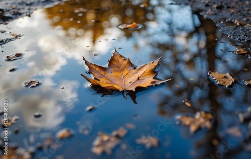 Brown autumn fallen leaf floating on a puddle reflecting the sky, autumn leaves on the water, Brown autumn leaf floating on a puddle