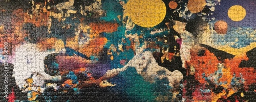 Colorful abstract jigsaw puzzle art with creative cosmic and surreal elements exploding into space