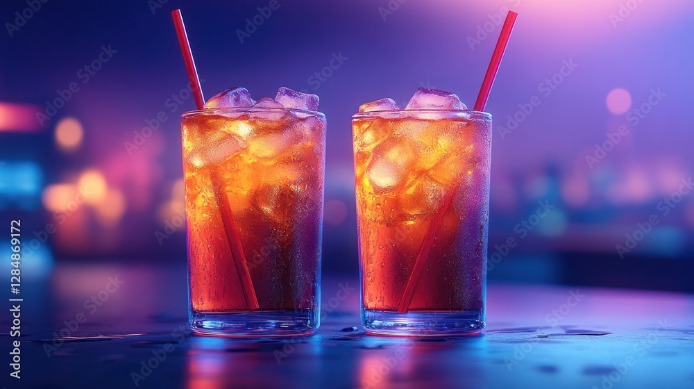 Two Iced Drinks on Bar Counter with Neon Lights Background Two Iced Drinks on Bar Counter with Neon Lights Background