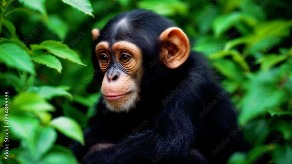 Young Chimpanzee Sitting in Nature with Lush Green Background Young Chimpanzee Sitting in Nature with Lush Green Background