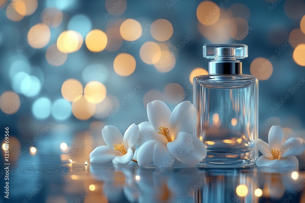 A luxurious clear perfume bottle sits elegantly beside delicate white flowers, illuminated by soft golden and blue bokeh lights in the background. A luxurious clear perfume bottle sits elegantly beside delicate white flowers, illuminated by soft golden and blue bokeh lights in the background.
