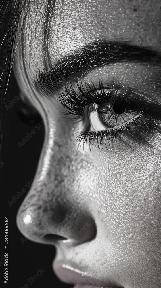 Obraz premium Alluring Glance: A mesmerizing black and white close-up emphasizes the intricate details of a woman's eye, eyelashes, and eyebrow, producing a striking portrait