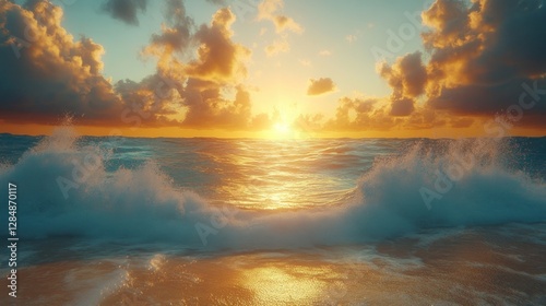 Sunset ocean waves crashing on sandy beach