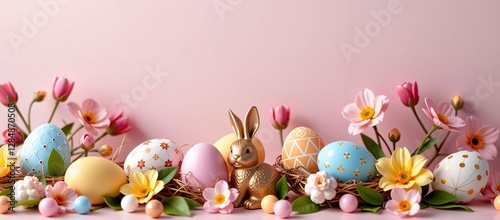 Easter eggs, bunny, and flowers on pink background