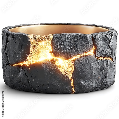 A cracked black stone pot with golden inner glow