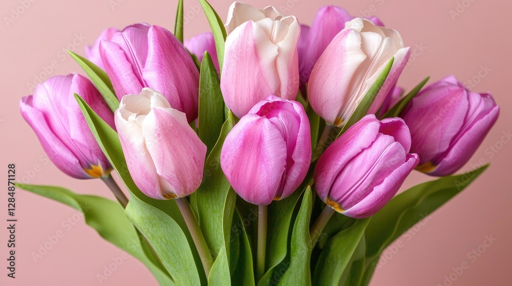 Bouquet of Pink and White Tulips on Pink Background Bouquet of Pink and White Tulips on Pink Background