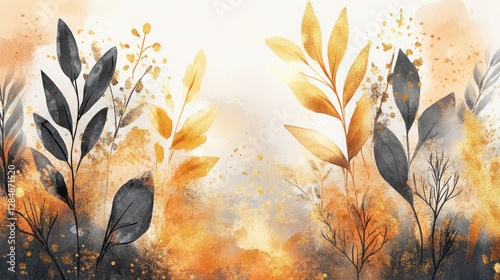 Modern abstract art, watercolor floral illustration. Golden elements, watercolor painting, textured background. Hand drawn plants.