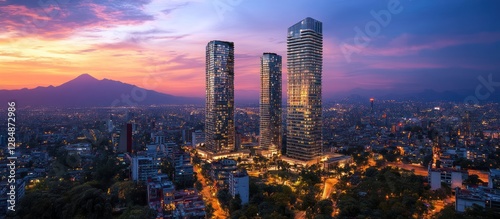 Sunset Cityscape Skyscrapers, Volcano, Mexico