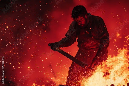 A man forging a sword on a solid fiery red background while hammering