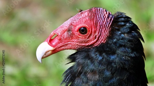 Close-up portrait of red-headed vulture isolated on green background