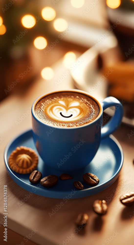 Morning Coffee with Joy: Close-up view of a cozy scene featuring a vibrant blue cup of cappuccino artfully adorned with a smiley face in its creamy foam. Morning Coffee with Joy: Close-up view of a cozy scene featuring a vibrant blue cup of cappuccino artfully adorned with a smiley face in its creamy foam.