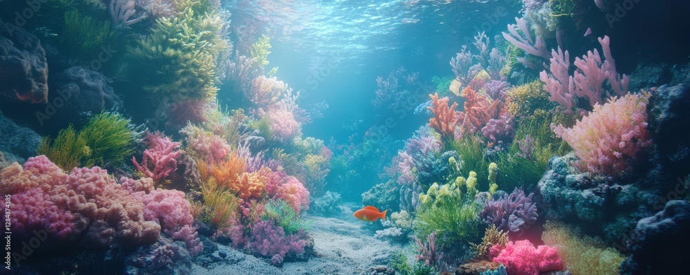 Naklejka premium Vibrant coral reef with colorful fish in clear blue ocean underwater paradise