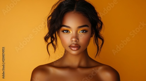 An African model with sophisticated lip makeup and lip liner, photographed in a yellow studio